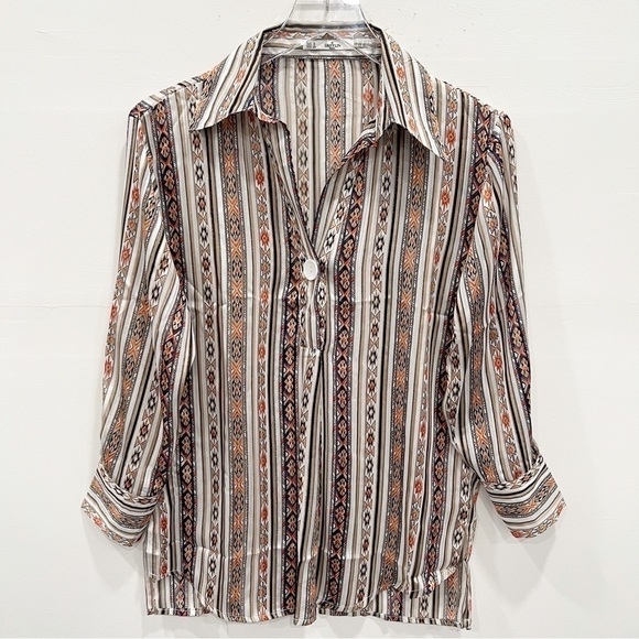 Grifflin Paris Printed Stripe Notched Neck Blouse Shirt Small - Picture 1 of 9